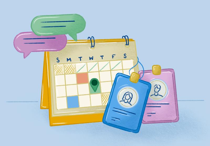 Calendar sitting on a desk with event name tags, chat and location details.