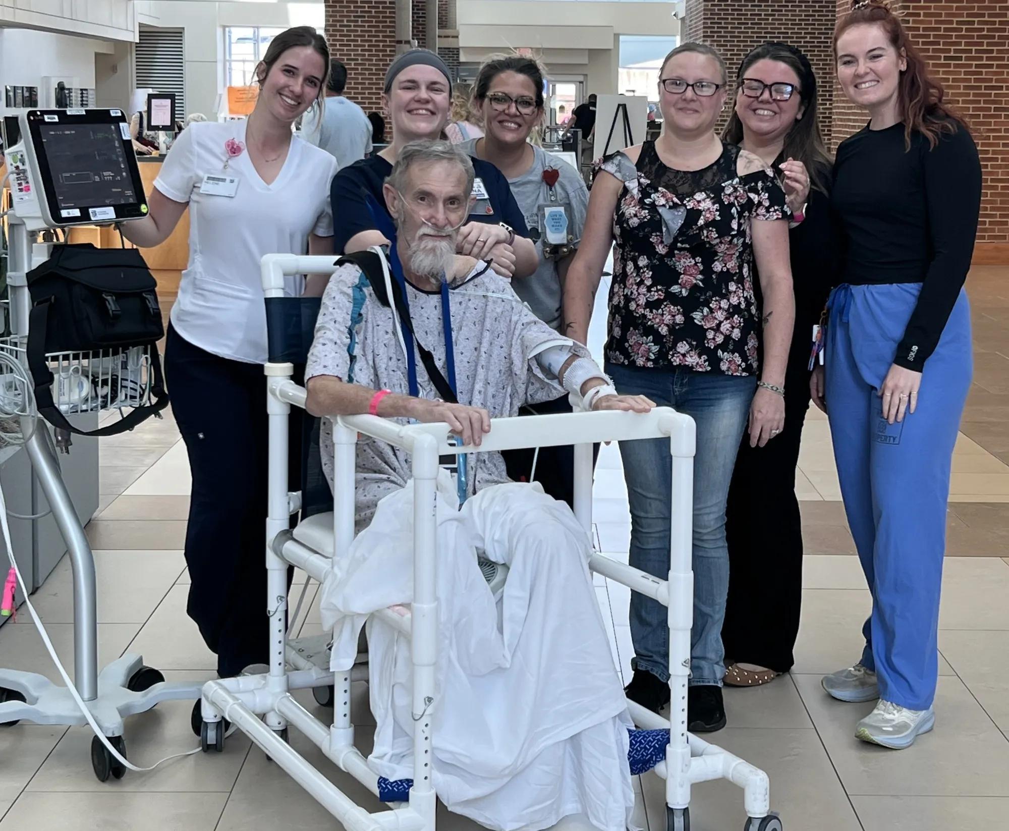 From left, Helene Cox, nurse extern; Brianna Hess, registered nurse; Kimberly Saunders, registered nurse and LVAD coordinator; Kayla Bailey, LVAD social worker; Melissa Galloway, David’s daughter; and Michaela Koran, registered nurse and LVAD coordinator.